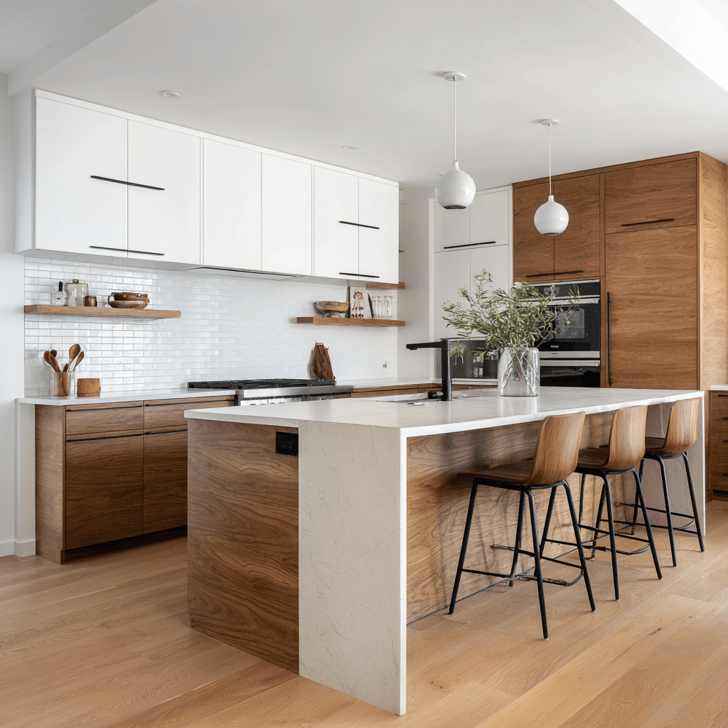 Brown and white kitchen cupboards with wooden island modern lighting