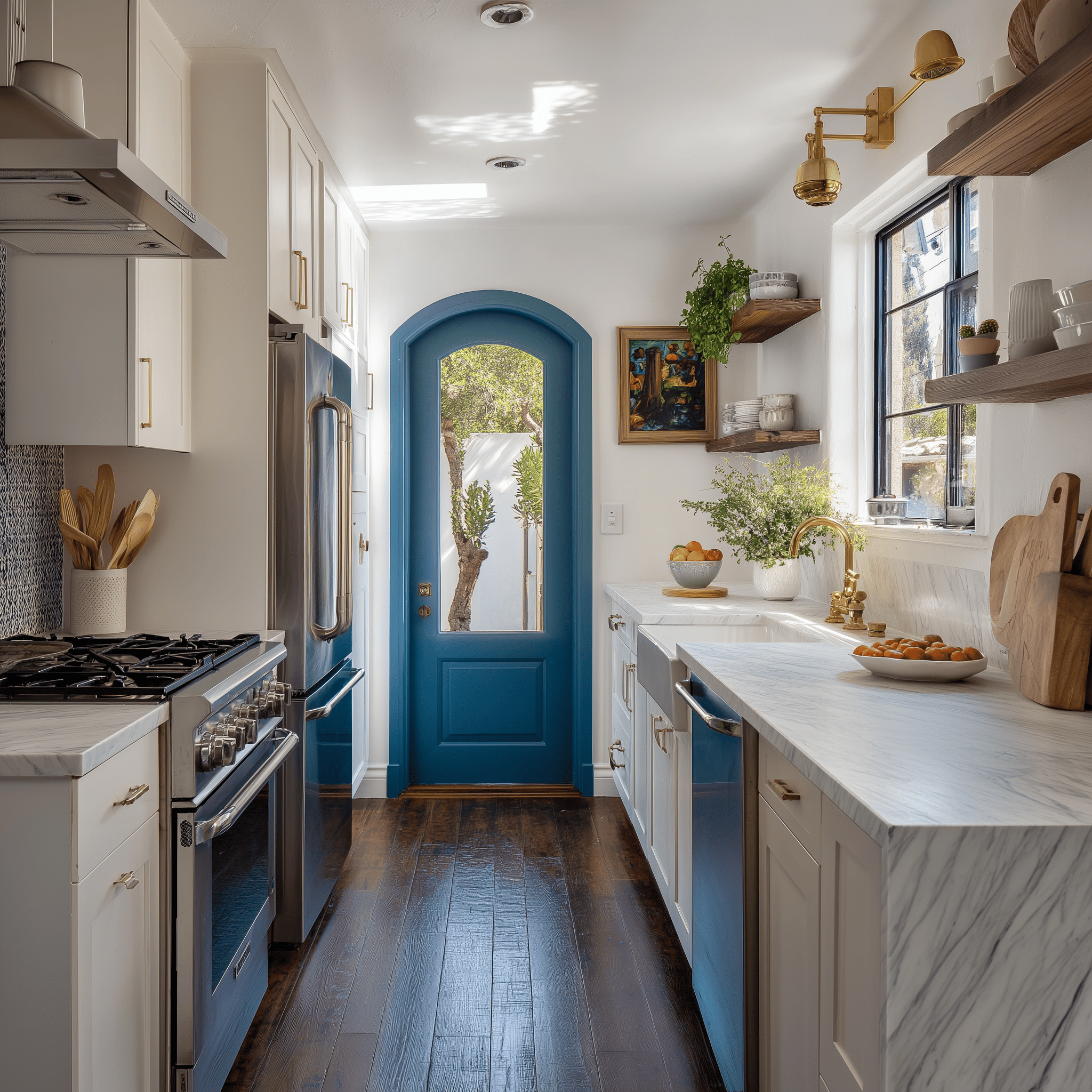 Blue and white kitchen cupboards with marble counters brass accents