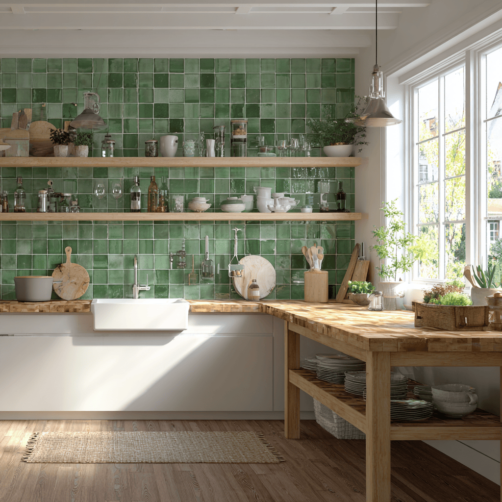 Green and white kitchen cupboards with open shelves and natural wood