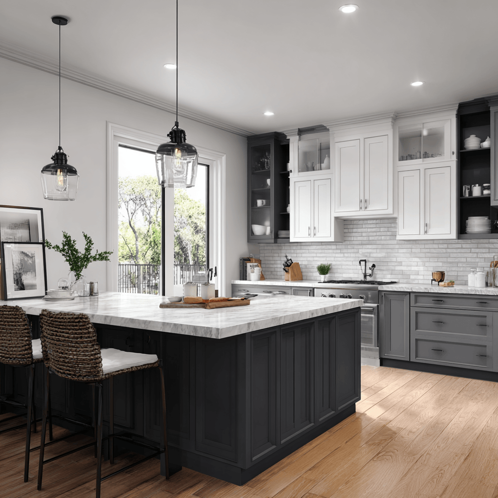 Grey and white kitchen cupboards with island and contemporary lighting