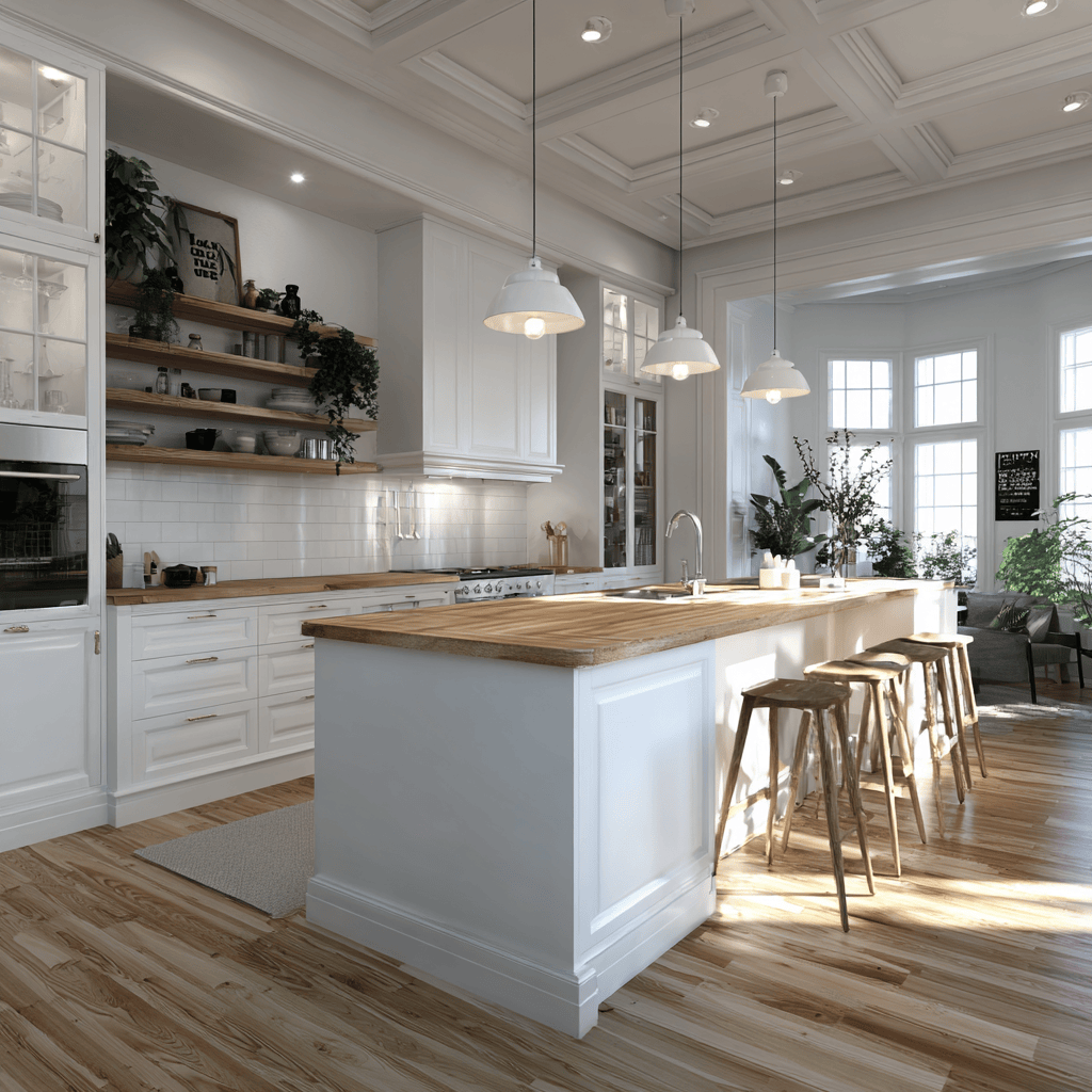 White kitchen wall cupboards with island and warm wooden accents