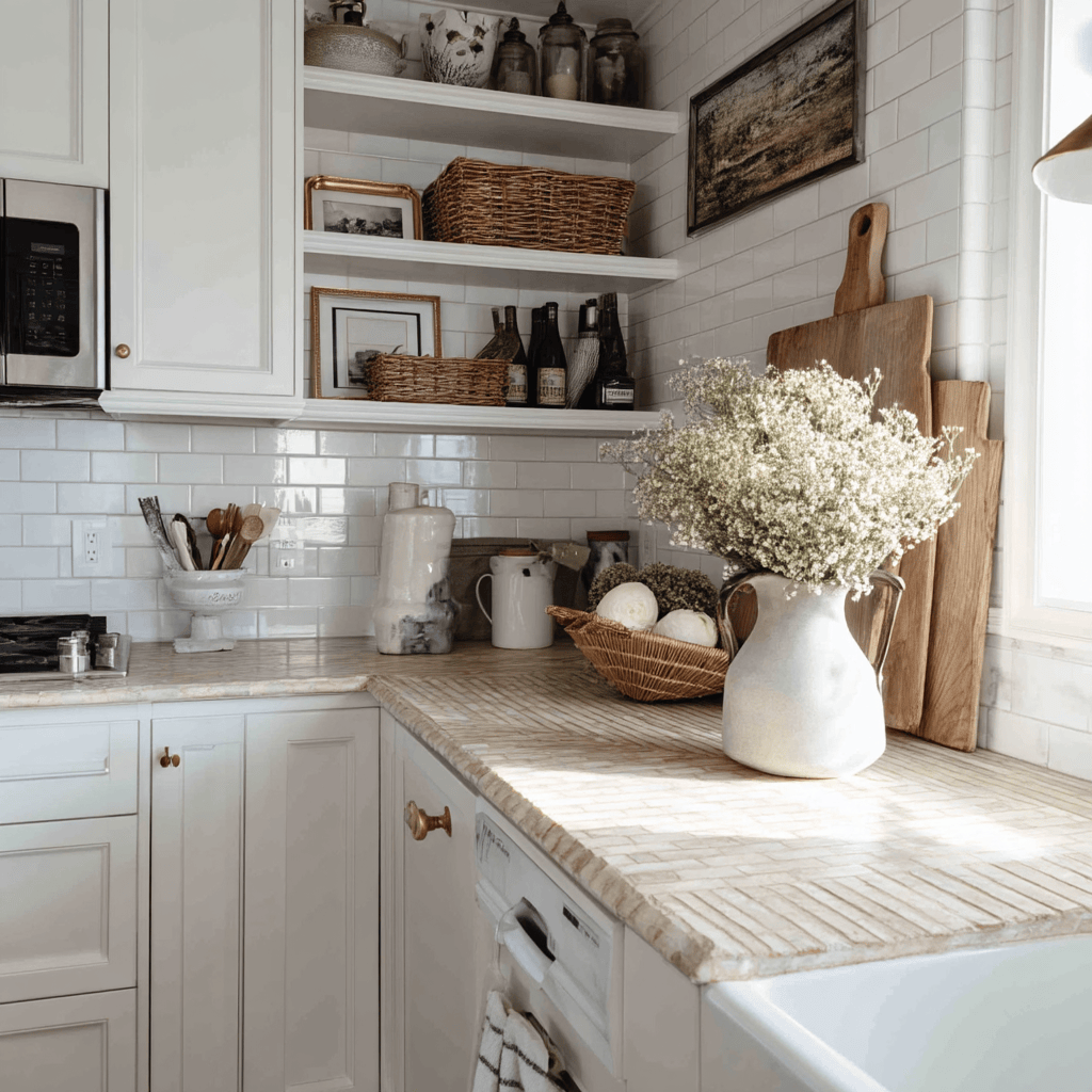 White kitchen wall cupboards with open shelves and rustic styling