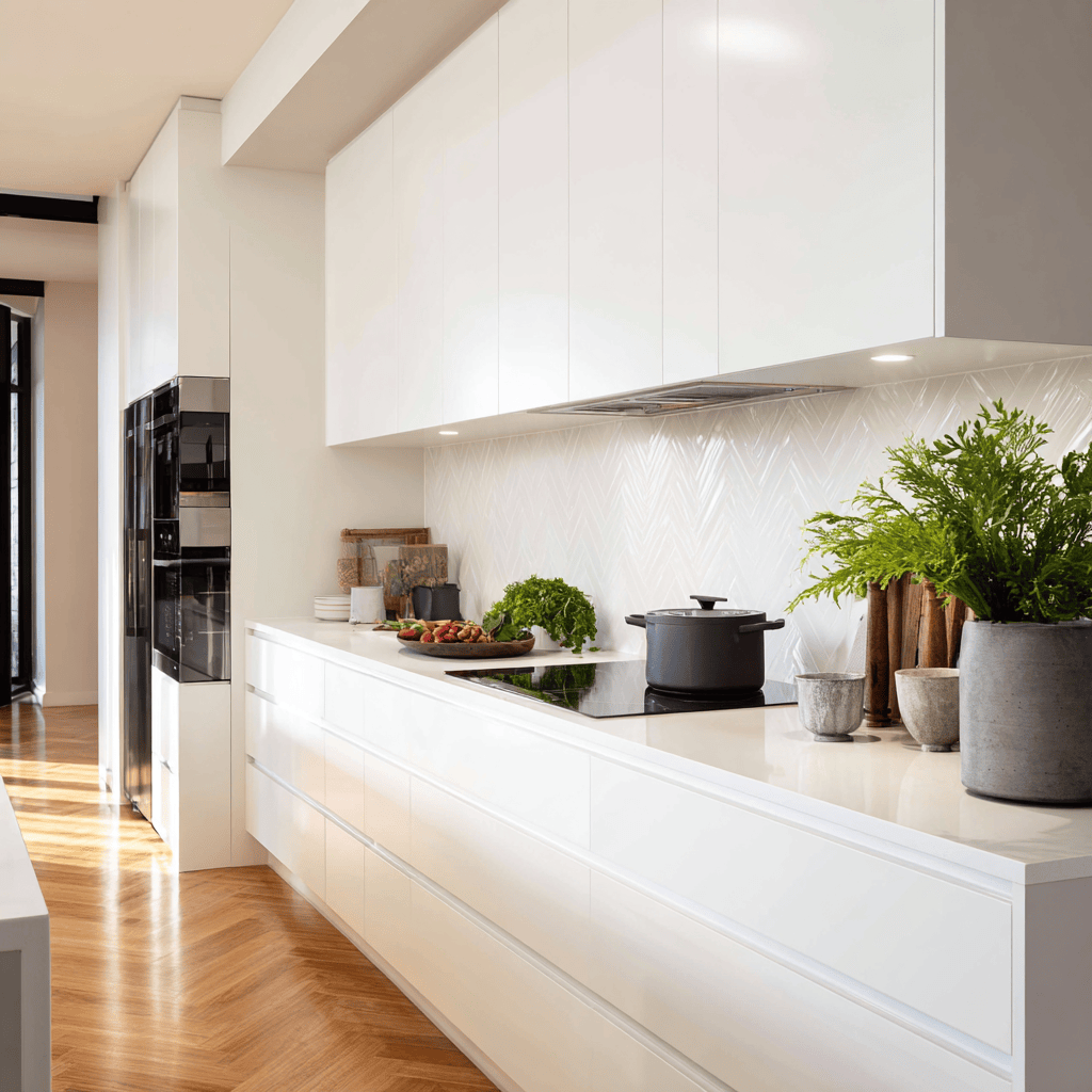 White laminate kitchen cupboards with seamless wall storage bright finish