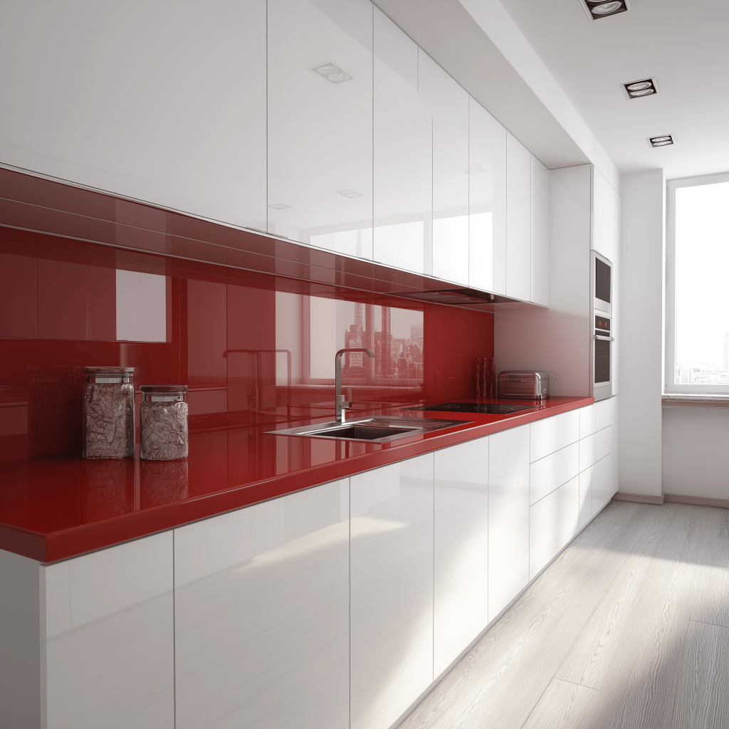 White modern kitchen cupboards with red backsplash in minimalist layout