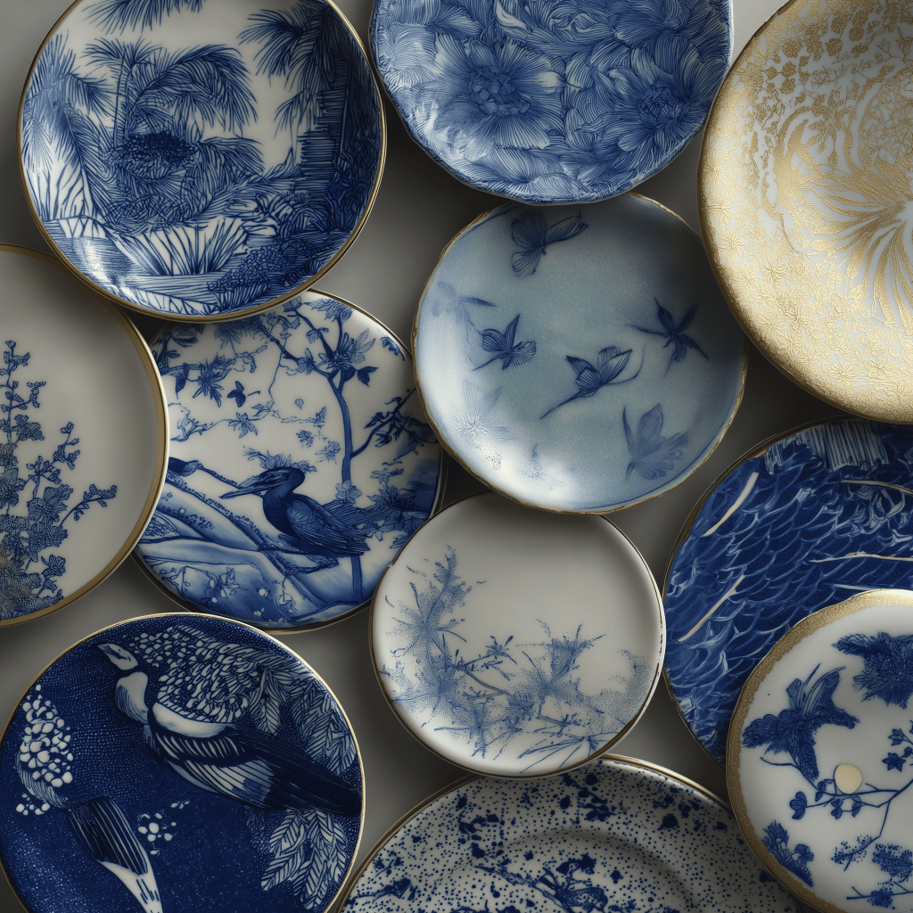Blue ceramic plates as a contemporary kitchen wall decor statement idea