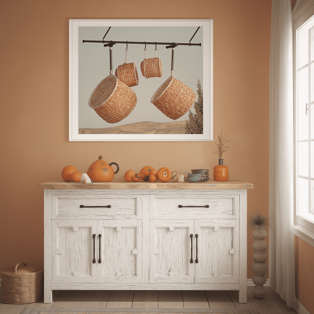 Contemporary kitchen wall hanging decor with basket artwork and warm tones
