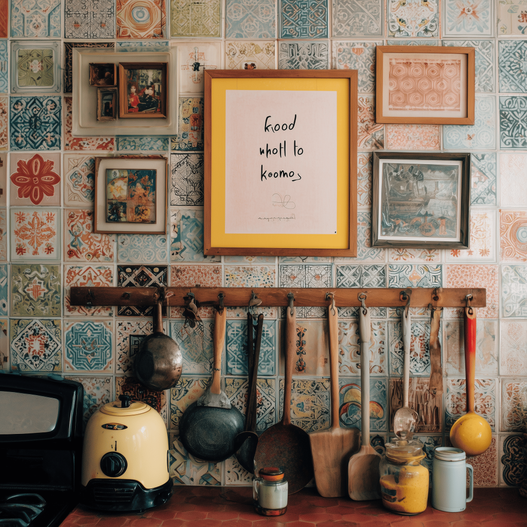 Eclectic tiled kitchen wall hanging decor blends vintage frames utensils