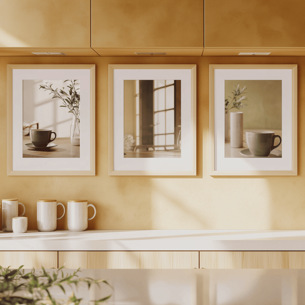 Framed minimal prints define modern kitchen wall art and decor