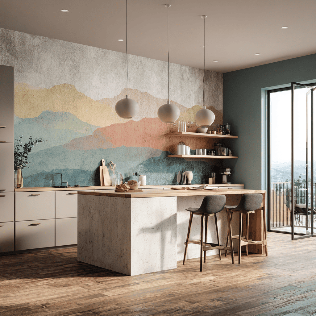 Modern kitchen wall decor featuring abstract mural art and open shelving