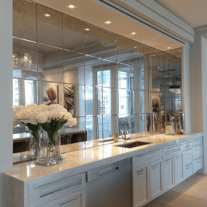 Sleek mirrored panels define modern kitchen wall decor with luxury appeal