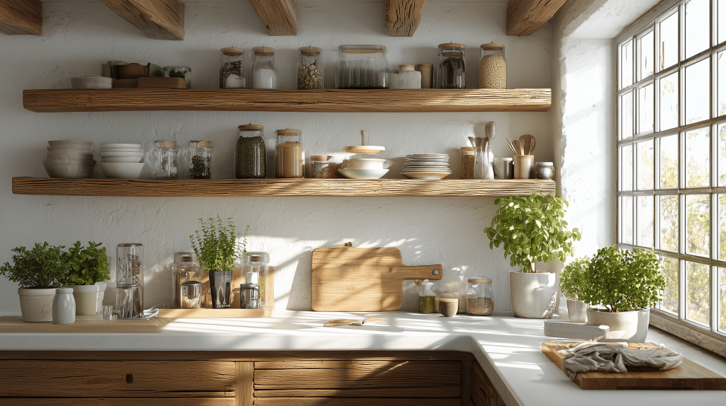 Open wooden shelves inspire warm contemporary kitchen wall decor ideas