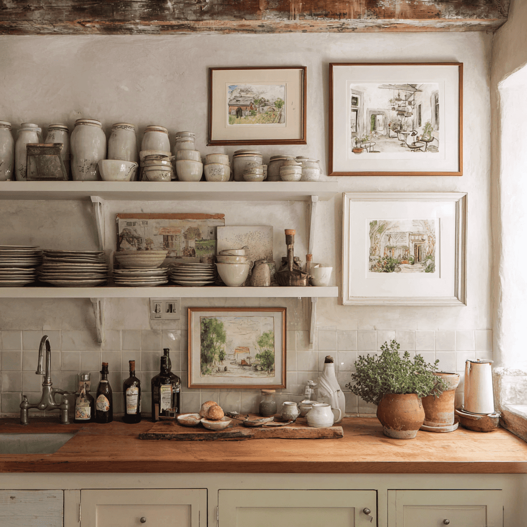 Rustic kitchen wall decor ideas with framed art shelves display