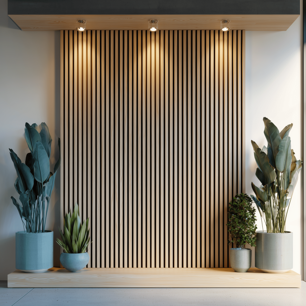 Vertical wooden slats elevate modern kitchen wall decor with greenery