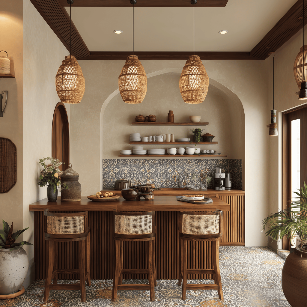 Timeless kitchen charm blending classic modular kitchen with warm textures