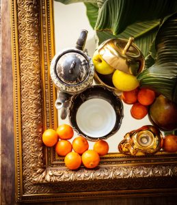 Traditional Gudi Padwa celebration festive setup with fruits, tea set, and decorative tray arrangement