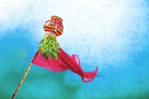 Traditional Gudi Padwa festival gudi with kalash, neem leaves, and red cloth on bamboo