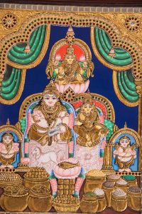 Traditional Tamil Nadu house designs featuring vibrant Tanjore painting art with gold detailing and divine motifs