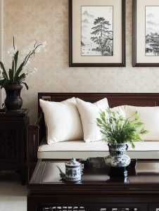 Elegant rosewood furniture for home interiors featuring classic sofa and table set in serene living space