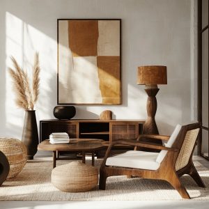 Modern rosewood furniture design living room setup with wooden chair, table, and minimalist decor