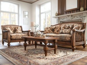 Classic traditional rosewood furniture design living room set with carved sofa, armchairs and wooden table
