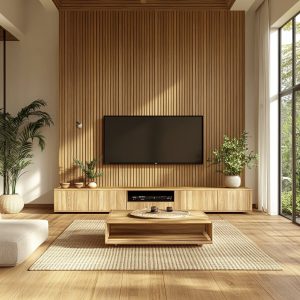 Modern rosewood furniture design TV unit with wooden panel wall in a bright contemporary living room
