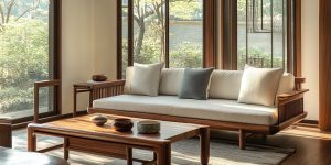Modern rosewood furniture design sofa and table set in sunlit living room with natural wooden finish