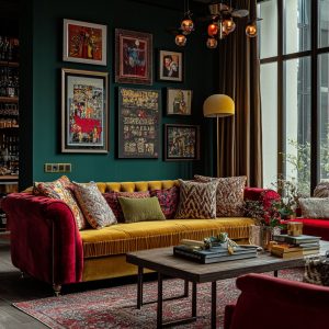 Maximalist home decor living room with vibrant sofa, layered textures and gallery wall art display