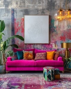 Trendy maximalist decor ideas living room with bold pink sofa, colorful cushions, and artistic textured wall