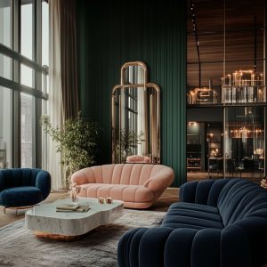 Elegant maximalist interior design living room with bold velvet sofas, marble table and artistic decor