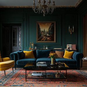Luxurious maximalist interior design living room with velvet sofa, rich colors, layered textures and art decor