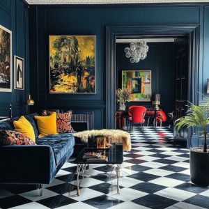 Bold modern maximalist interior design space with patterned floor, vibrant artwork and statement furniture