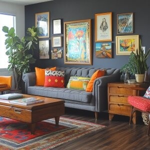 Stylish maximalist home decor living room with gallery wall art, colorful cushions and layered textures