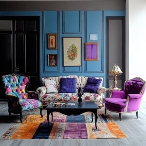 Creative maximalist decor ideas living room with colorful furniture, patterned rug and artistic wall accents