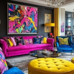 Vibrant maximalist interior design living room with bold sofa, colorful art and layered textures
