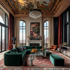 Luxurious maximalist interior design living room with ornate ceiling, velvet sofa and rich layered decor