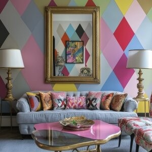 Creative maximalist decor ideas living room with geometric wall, colorful cushions and stylish furniture
