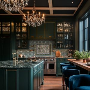 Luxurious modern maximalist interior design kitchen with rich green cabinets, chandelier and detailed tile work