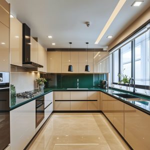 Modern kitchen renovation with glossy beige cabinets and green countertop