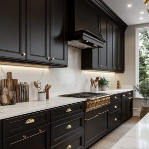 Luxury kitchen renovation with marble surfaces and black modular cabinetry