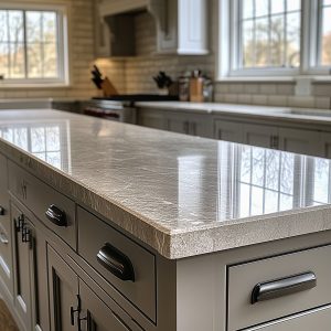 Elegant kitchen renovation featuring a stone island and white cabinetry