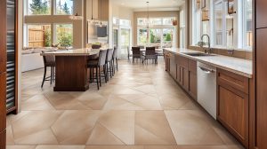 Spacious kitchen renovation with tiled flooring and open dining layout