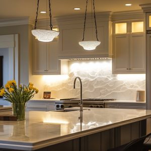 Elegant kitchen renovation with island lighting and marble backsplash detail