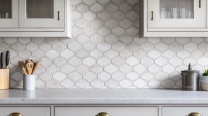 Hex tile kitchen renovation with white backsplash and elegant upper cabinets