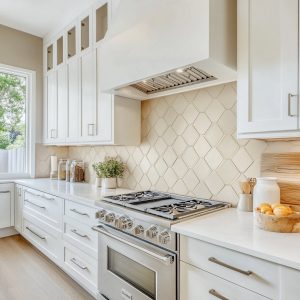 Modern kitchen renovation with white cabinets and soft beige tile backsplash