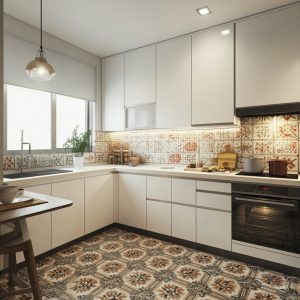 Compact kitchen renovation with patterned backsplash and tiled flooring