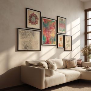 Stylish textured wall designs with beige tones and modern fabric sofa with soft cushions and framed wall art