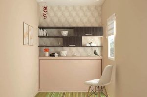 Modern open balcony into a room with wall shelves and comfortable chair