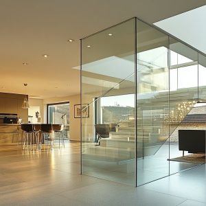Minimalist interior glass wall panels for modern home stair design