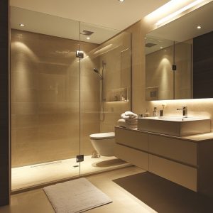 Elegant bathroom with interior glass wall panels and panel design