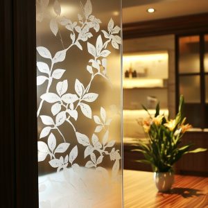Etched floral decorative glass wall panel design for home interiors